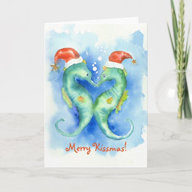 Watercolor Seahorse Christmas Card (Front)