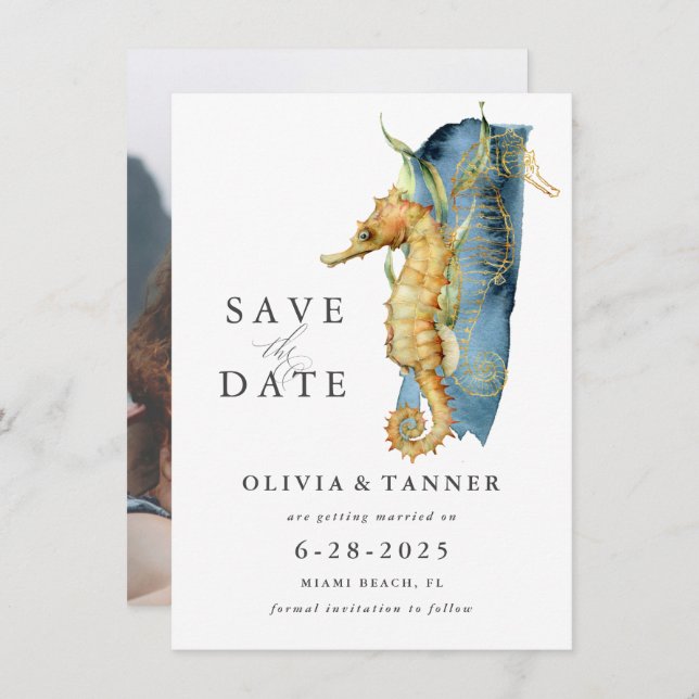 Watercolor Seahorse Coastal Theme Save the Date Invitation (Front/Back)