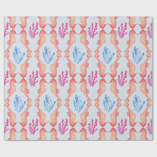 Watercolor Seahorse Coral Coastal Wrapping Paper