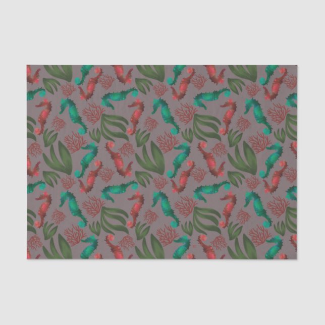 Watercolor Seahorse Grey Nautical Pattern Tissue Paper (Front)