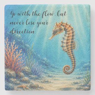 Watercolor Seahorse in Calm Water w/ Quote Stone Coaster