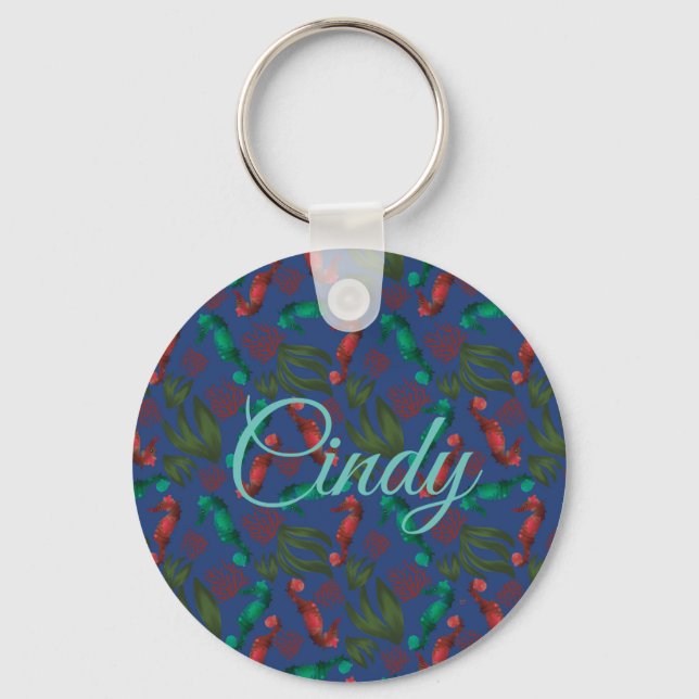 Watercolor Seahorse Indigo Nautical Personalised Key Ring (Front)