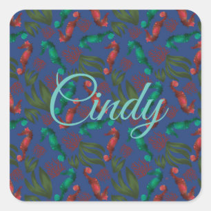 Watercolor Seahorse Indigo Nautical Personalised Square Sticker