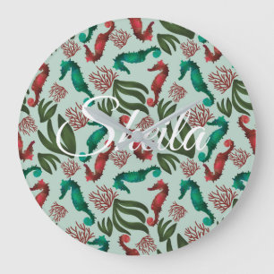 Watercolor Seahorse Mint Nautical Personalised Large Clock