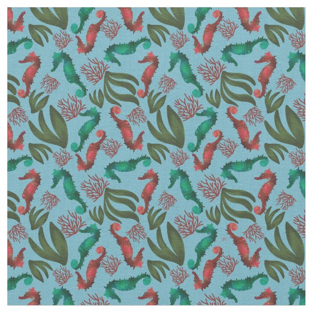 Watercolor Seahorse Nautical Pattern  Fabric (Close Up)