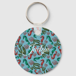 Watercolor Seahorse Nautical Personalised Key Ring