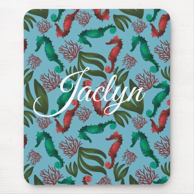 Watercolor Seahorse Nautical Personalised Mouse Mat (Front)