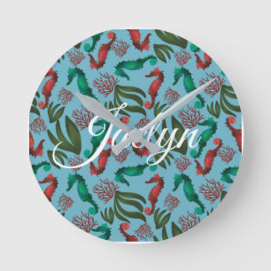 Watercolor Seahorse Nautical Personalised Round Clock