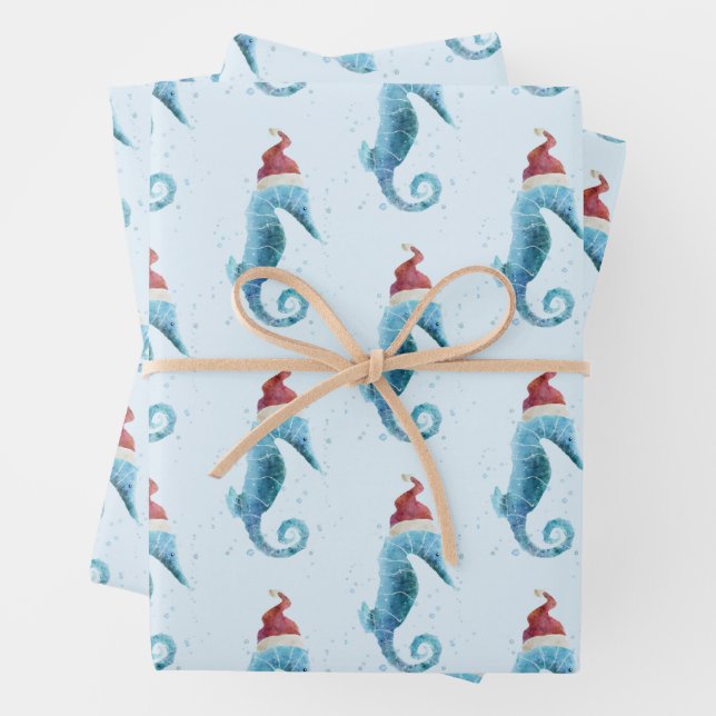 Watercolor Seahorse Nautical Wrapping Paper Sheet (In situ)