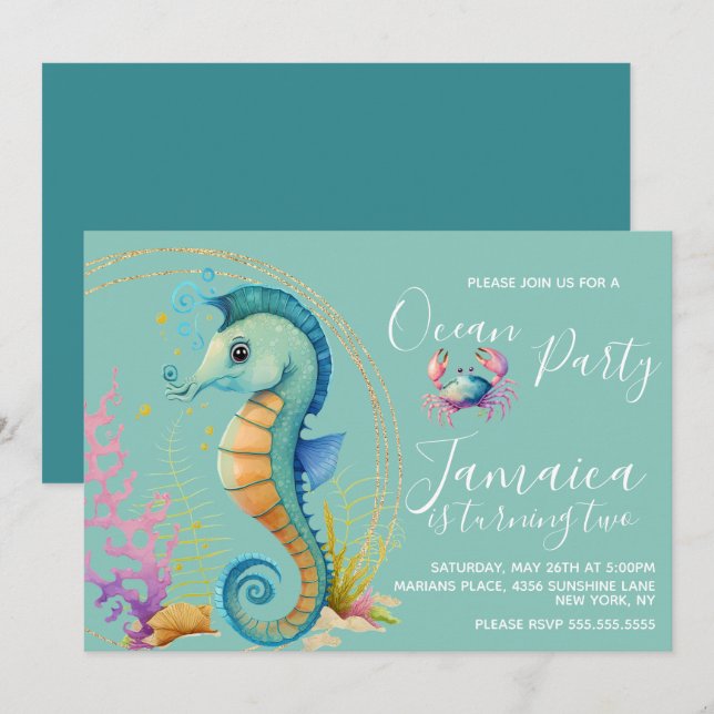 Watercolor Seahorse Ocean Beach Birthday Party  Invitation (Front/Back)