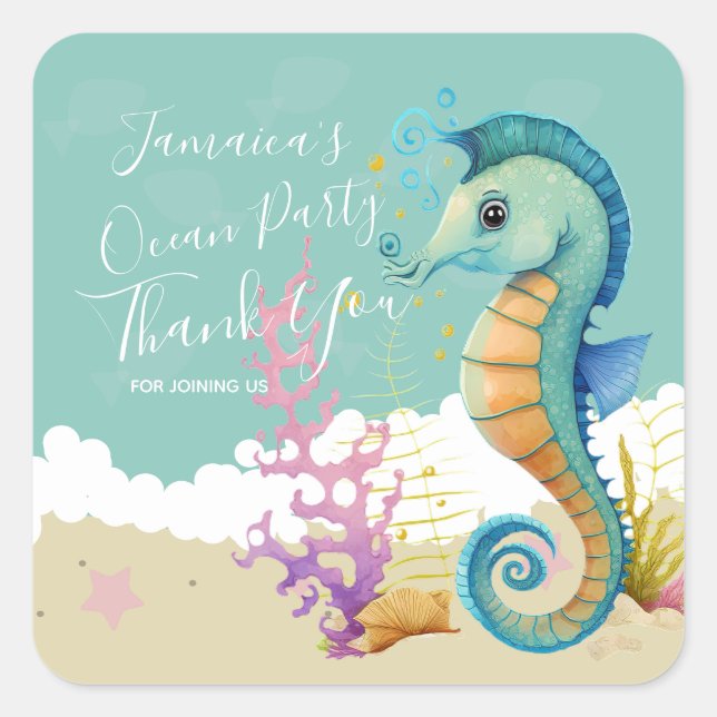 Watercolor Seahorse Ocean Birthday Thank You  Square Sticker (Front)