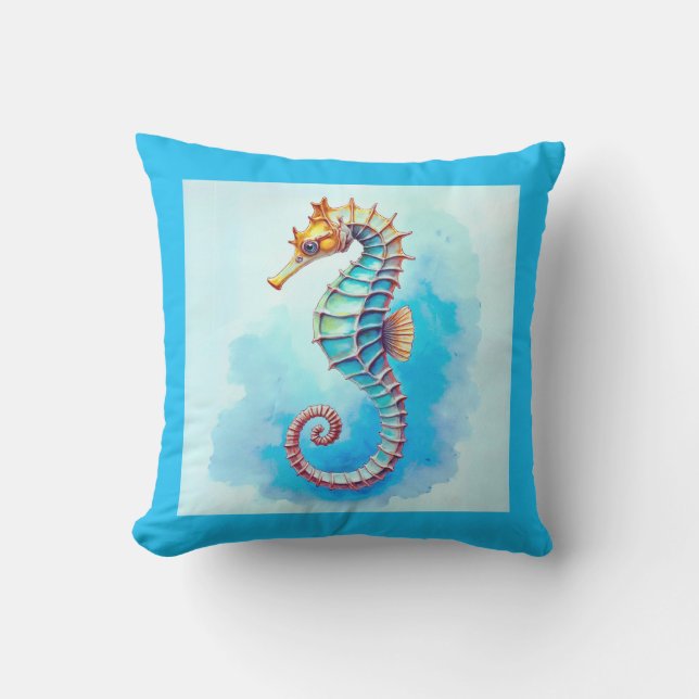  Watercolor Seahorse on Turquoise  Cushion (Front)
