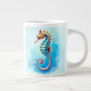 Watercolor Seahorse on Turquoise  Large Coffee Mug