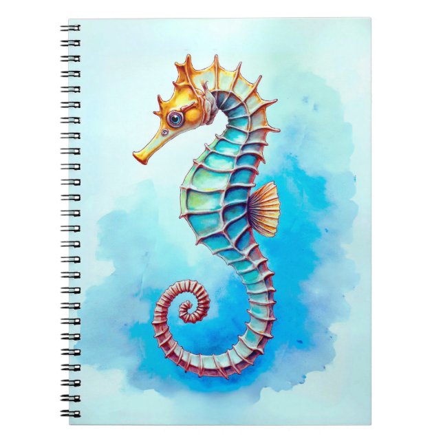 Watercolor Seahorse on Turquoise  Notebook (Front)