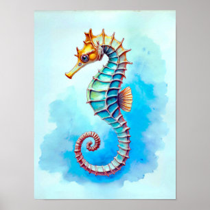 Watercolor Seahorse on Turquoise Poster