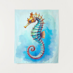Watercolor Seahorse on Turquoise Tapestry