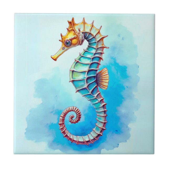 Watercolor Seahorse on Turquoise  Tile (Front)