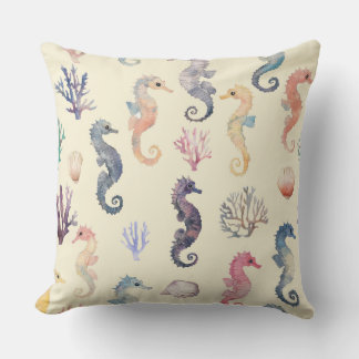 Watercolor Seahorse Pattern Coastal Nursery Ocean Cushion