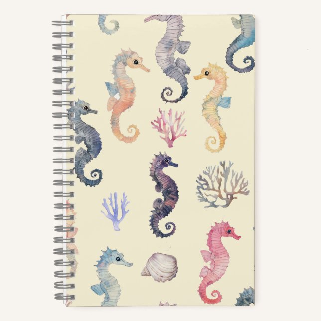 Watercolor Seahorse Pattern Coastal Nursery Ocean  Notebook (Front)