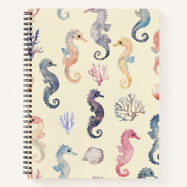 Watercolor Seahorse Pattern Coastal Nursery Ocean  Notebook (Front)