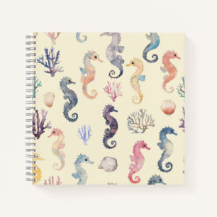 Watercolor Seahorse Pattern Coastal Nursery Ocean  Notebook