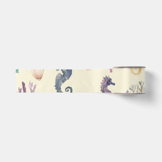 Watercolor Seahorse Pattern Coastal Nursery Ocean Satin Ribbon
