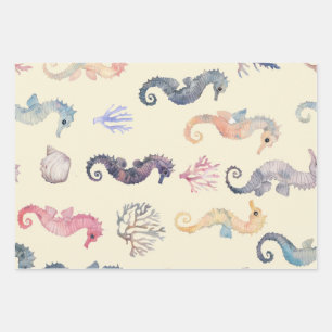 Watercolor Seahorse Pattern Coastal Nursery Ocean Wrapping Paper Sheet