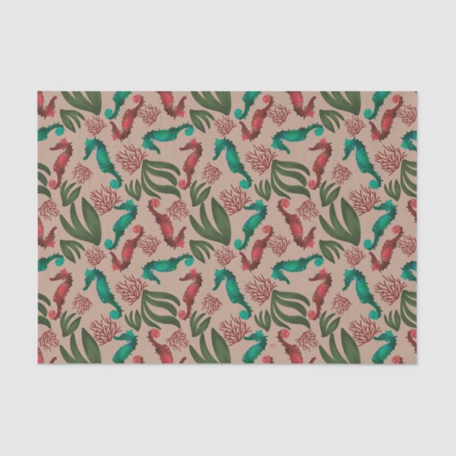 Watercolor Seahorse Pink Nautical Pattern  Tissue Paper (Front)