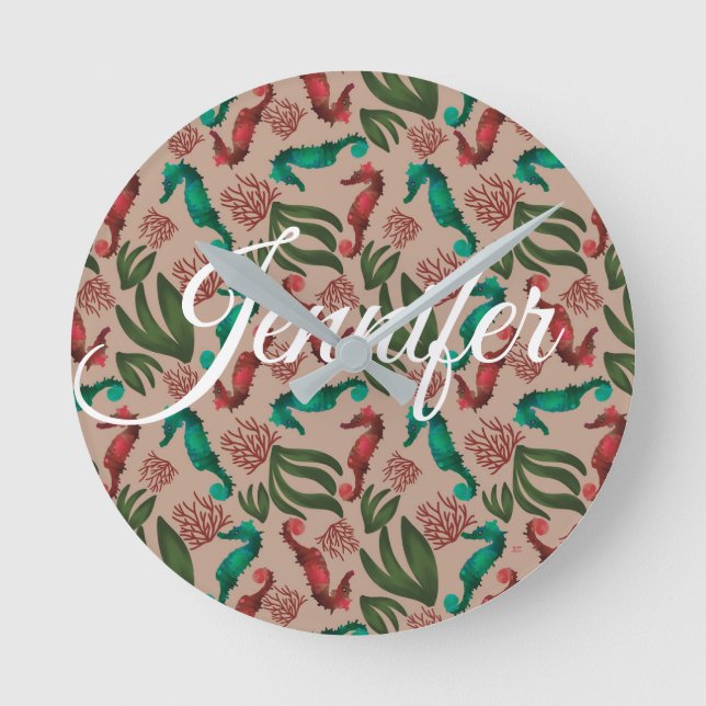 Watercolor Seahorse Pink Nautical Personalised  Round Clock (Front)