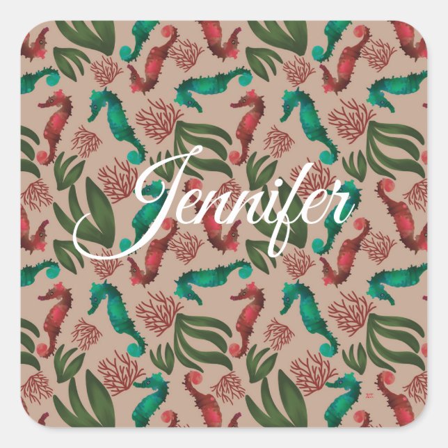 Watercolor Seahorse Pink Nautical Personalised Square Sticker (Front)