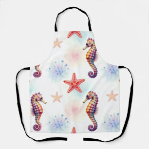 Watercolor Seahorse Starfish Pattern Apron