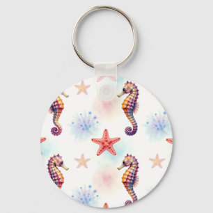 Watercolor Seahorse Starfish Pattern Key Ring