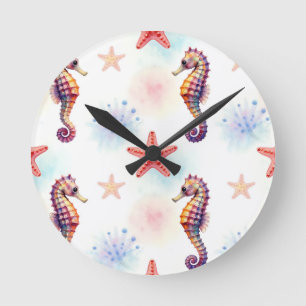 Watercolor Seahorse Starfish Pattern Round Clock