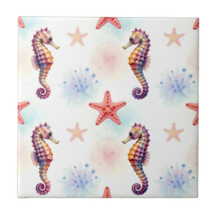 Watercolor Seahorse Starfish Pattern Tile