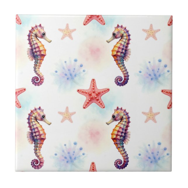 Watercolor Seahorse Starfish Pattern Tile (Front)