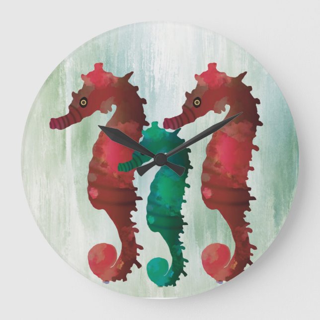 Watercolor Seahorses Nautical  Large Clock (Front)