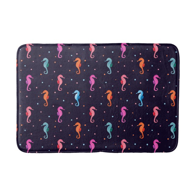 Watercolor Seahorses on Navy Blue Pattern Bath Mat (Front)