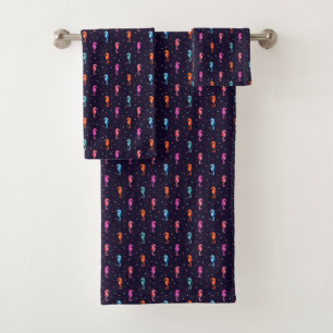 Watercolor Seahorses on Navy Blue Pattern Bath Towel Set