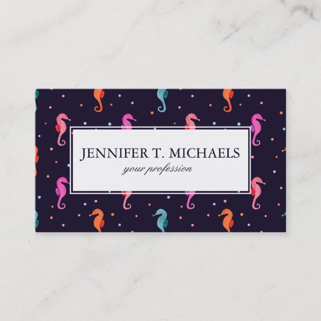 Watercolor Seahorses on Navy Blue Pattern Business Card (Front)