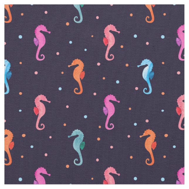 Watercolor Seahorses on Navy Blue Pattern Fabric (Close Up)