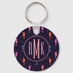 Watercolor Seahorses on Navy Blue Pattern Key Ring