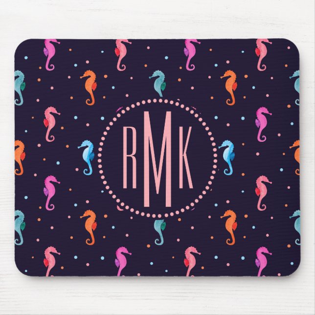 Watercolor Seahorses on Navy Blue Pattern Mouse Mat (Front)