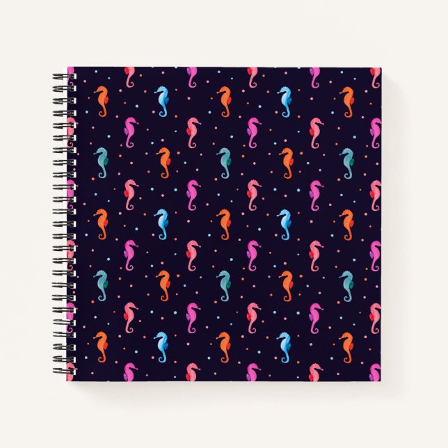 Watercolor Seahorses on Navy Blue Pattern Notebook (Front)