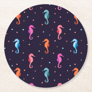 Watercolor Seahorses on Navy Blue Pattern Round Paper Coaster