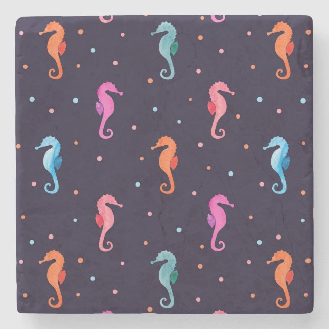 Watercolor Seahorses on Navy Blue Pattern Stone Coaster (Front)
