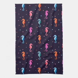 Watercolor Seahorses on Navy Blue Pattern Tea Towel