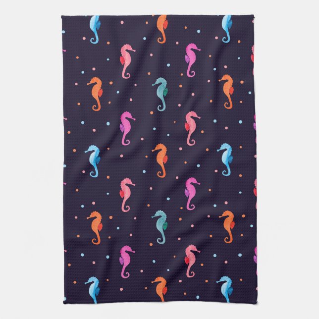 Watercolor Seahorses on Navy Blue Pattern Tea Towel (Vertical)