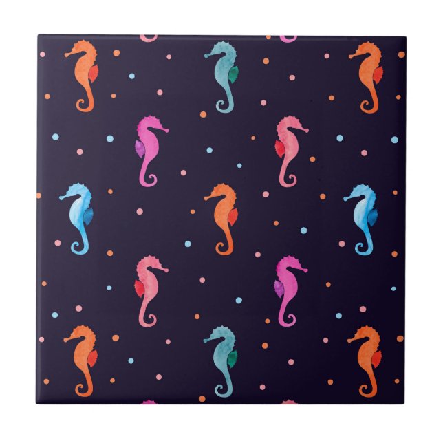 Watercolor Seahorses on Navy Blue Pattern Tile (Front)