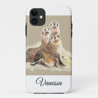 Watercolor Seal Cute Animal Family Custom Name iPhone 11 Case
