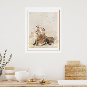 Watercolor Seal Family Sea Animal Nature Art Poster